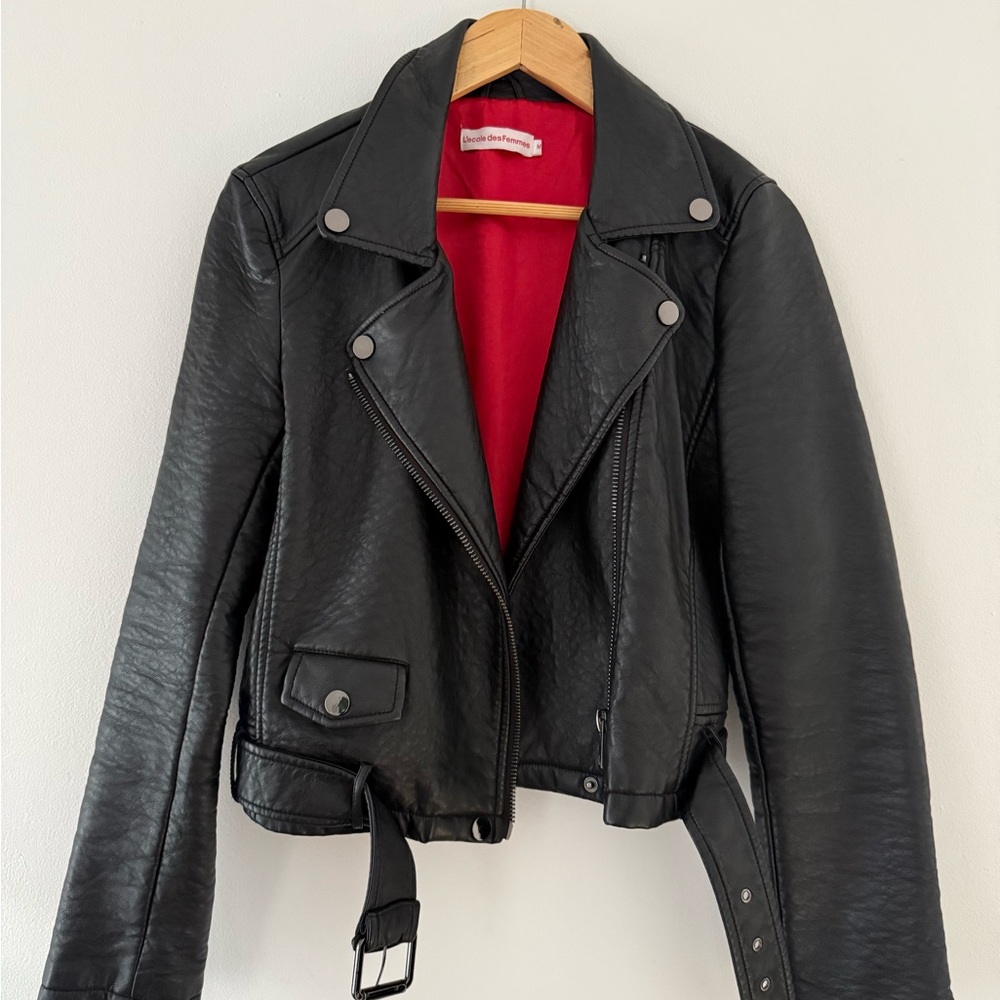 Classic Black Faux Leather Jacket with Red Lining